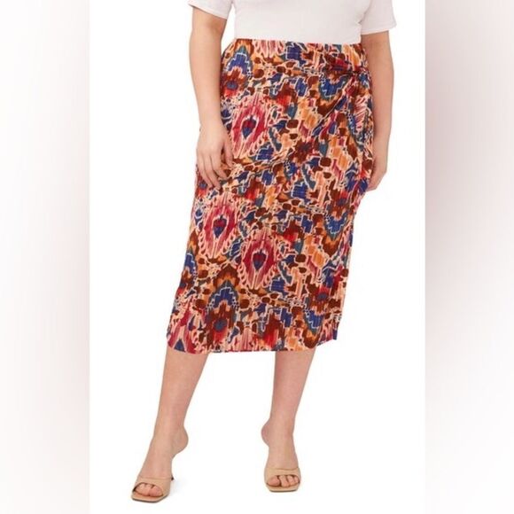 VINCE CAMUTO Tie Waist Midi Skirt Ikat Print Burgundy Orange Plus Size 1X 3X New - Picture 3 of 11